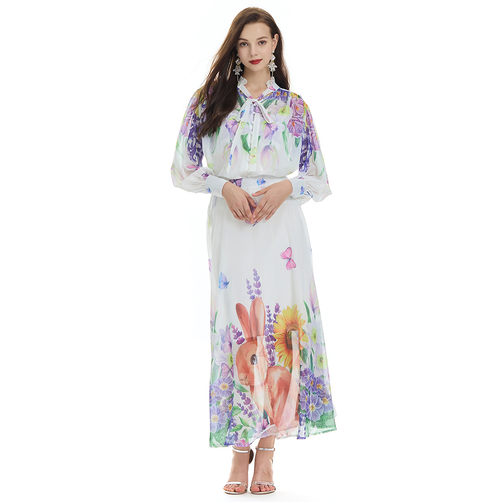 Lotus leaf collar vacation printing long skirt 3pcs set