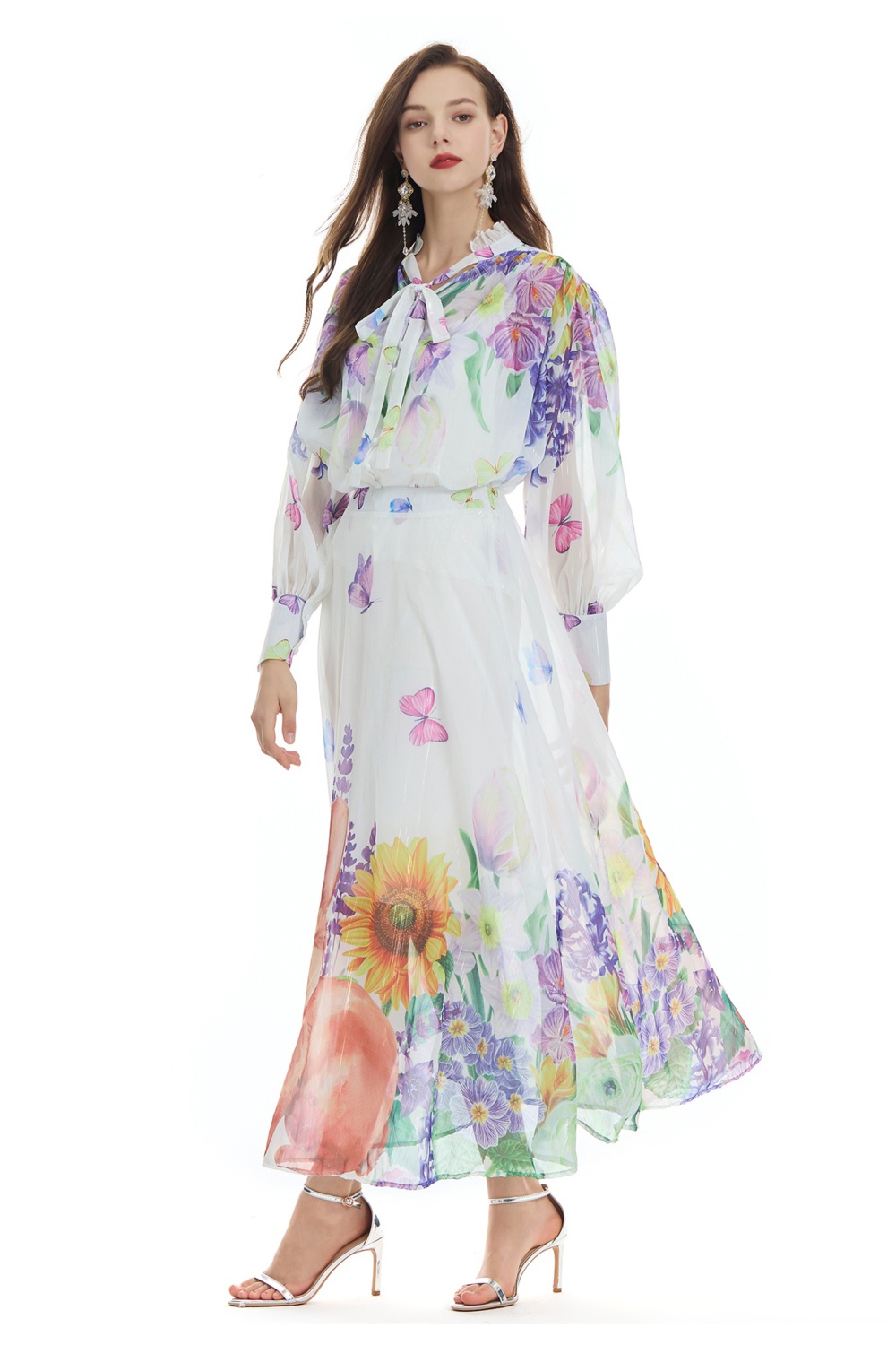 Lotus leaf collar vacation printing long skirt 3pcs set