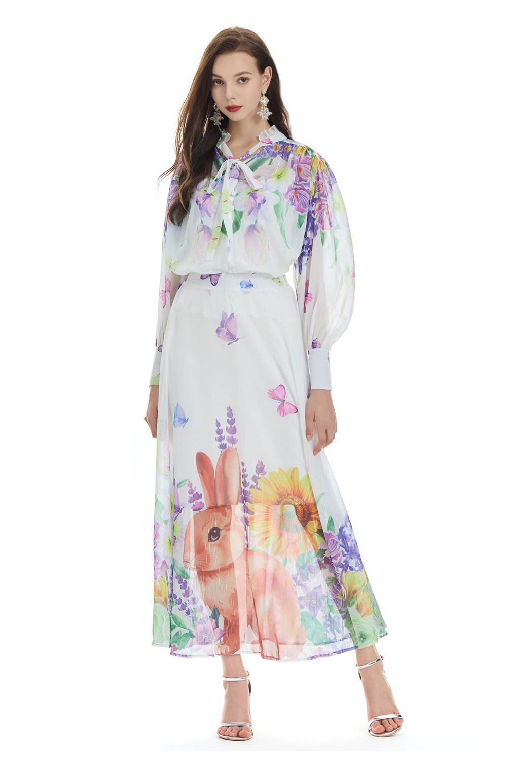 Lotus leaf collar vacation printing long skirt 3pcs set