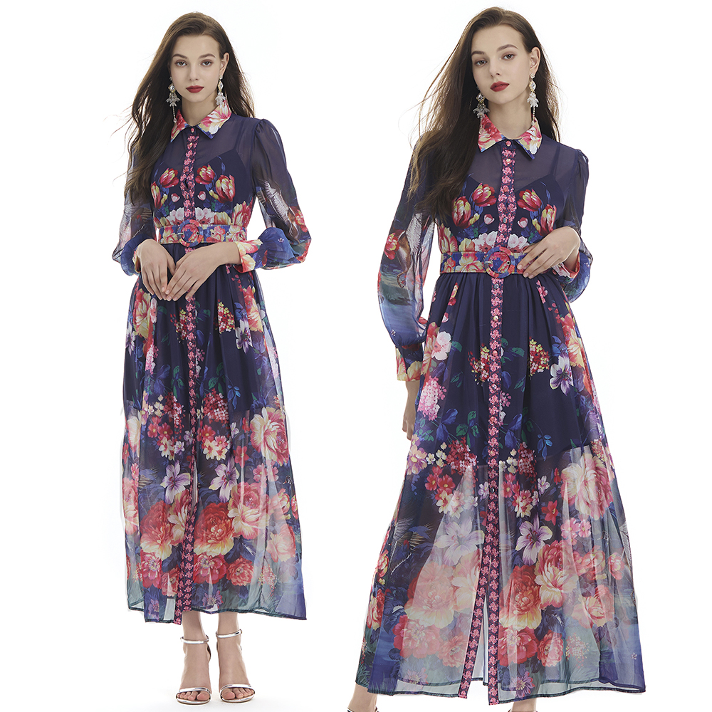 Long sleeve long dress printing shirt 2pcs set