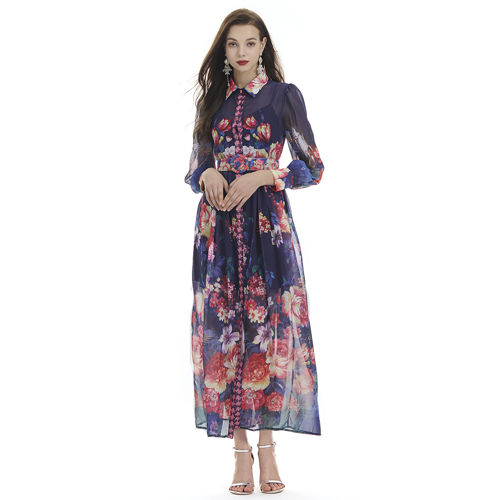 Long sleeve long dress printing shirt 2pcs set