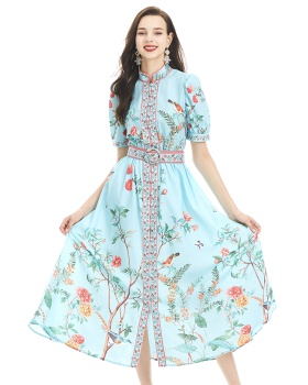 Pinched waist short sleeve jumpsuit printing long dress