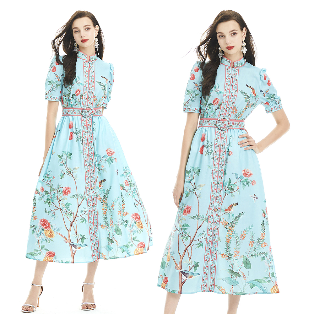 Pinched waist short sleeve jumpsuit printing long dress