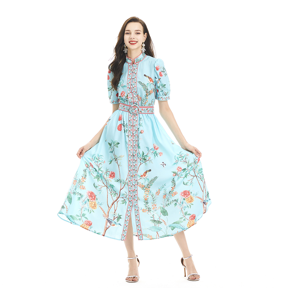 Pinched waist short sleeve jumpsuit printing long dress