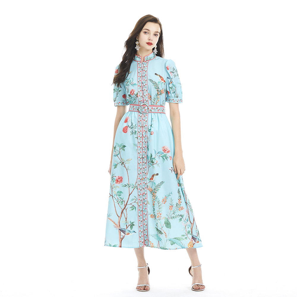 Pinched waist short sleeve jumpsuit printing long dress