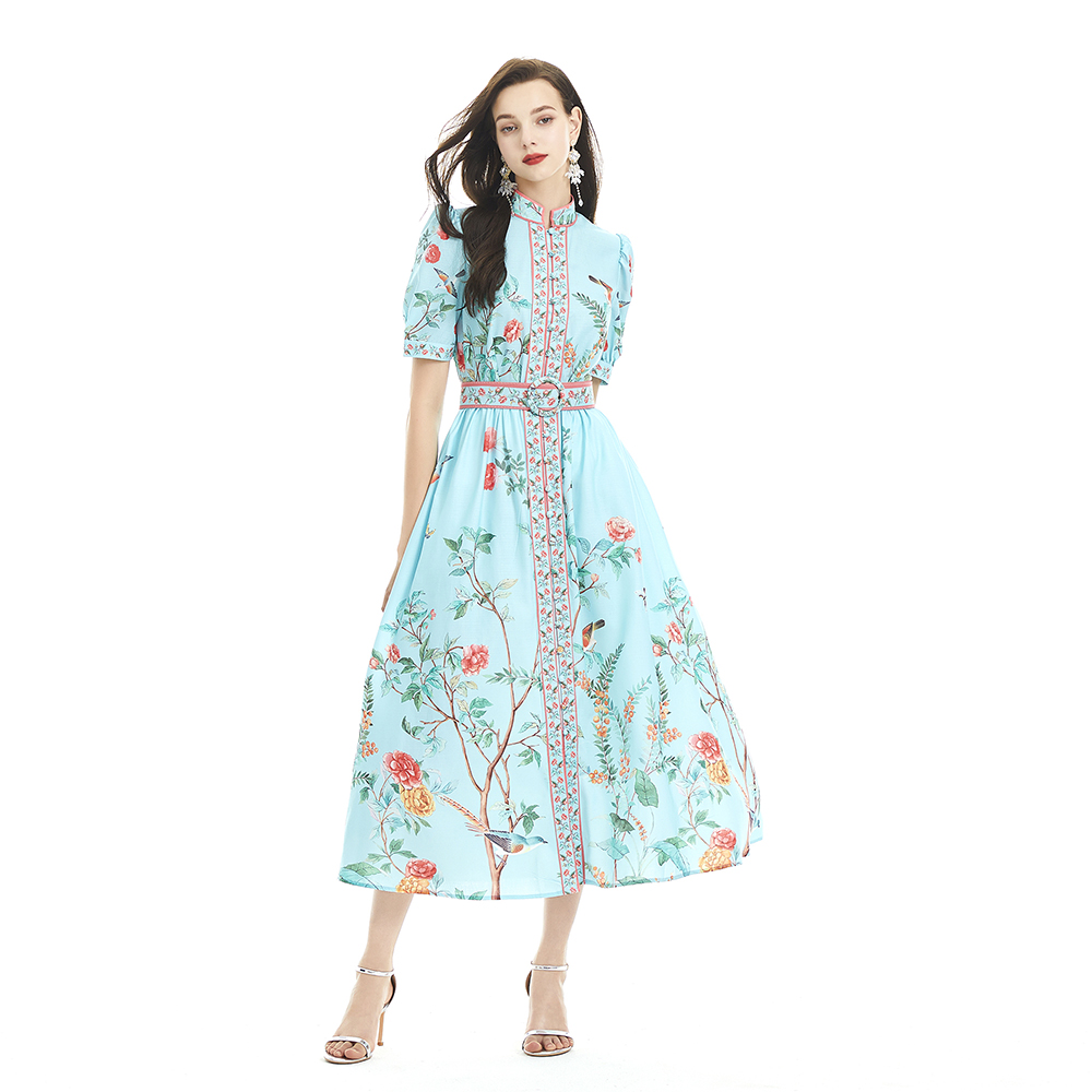 Pinched waist short sleeve jumpsuit printing long dress