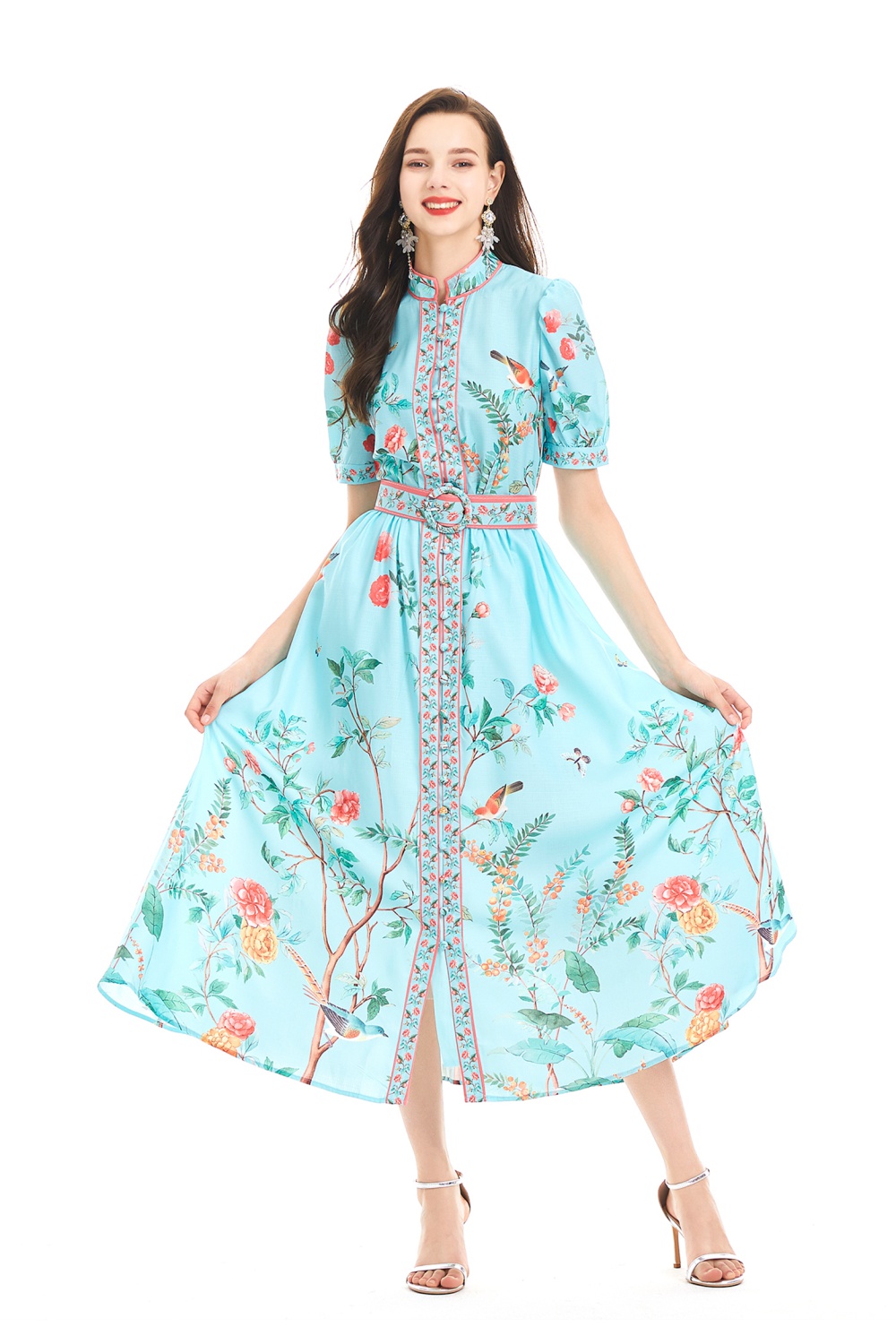 Pinched waist short sleeve jumpsuit printing long dress