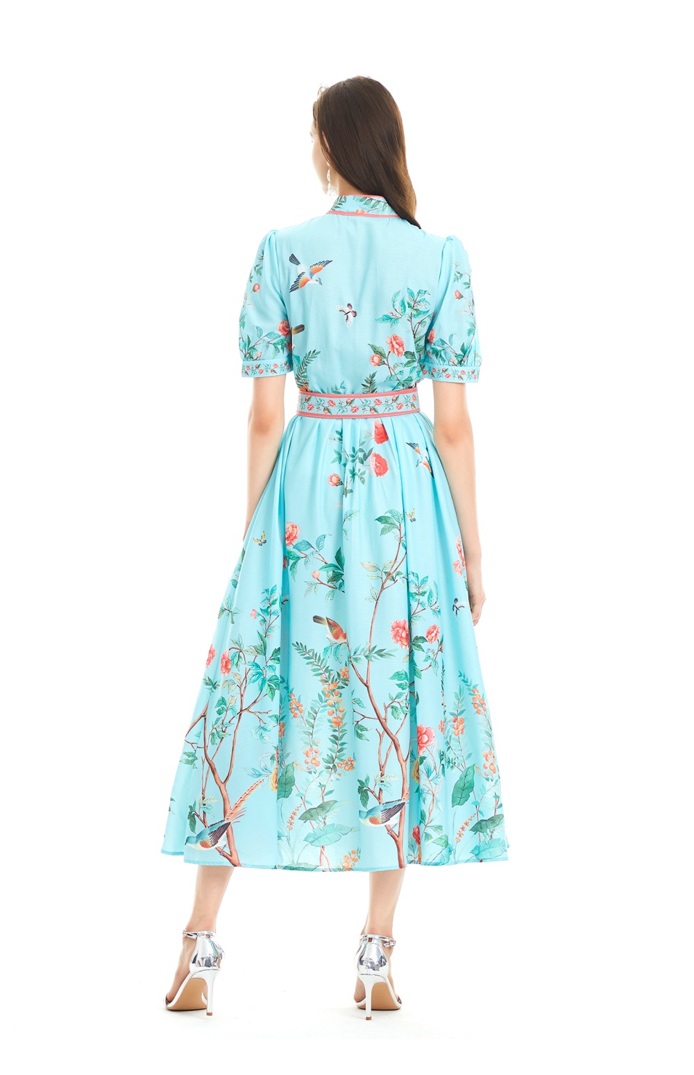 Pinched waist short sleeve jumpsuit printing long dress