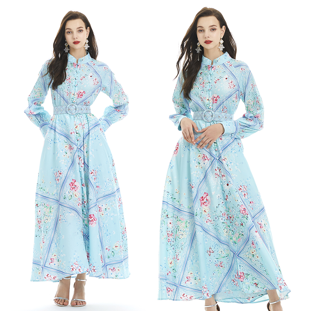 Cstand collar printing flax lantern sleeve long dress