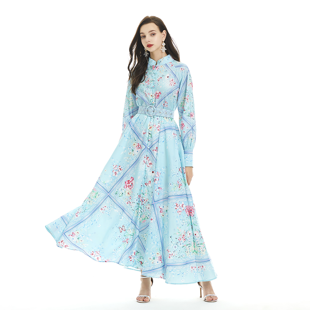 Cstand collar printing flax lantern sleeve long dress