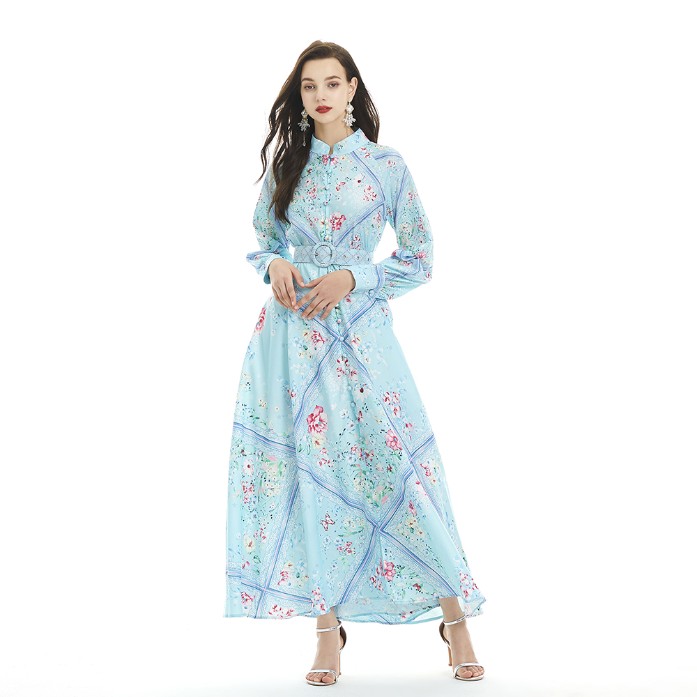 Cstand collar printing flax lantern sleeve long dress