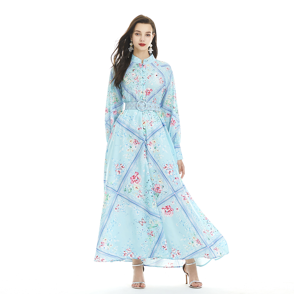 Cstand collar printing flax lantern sleeve long dress