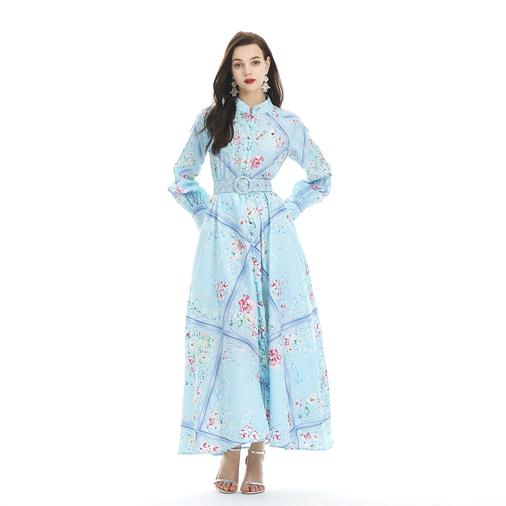 Cstand collar printing flax lantern sleeve long dress