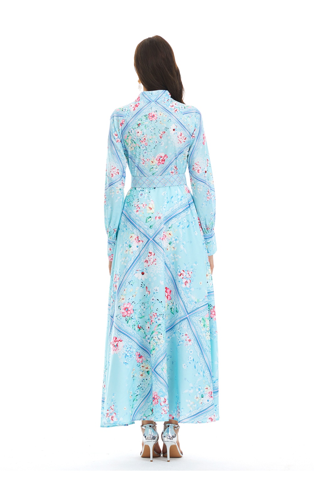 Cstand collar printing flax lantern sleeve long dress