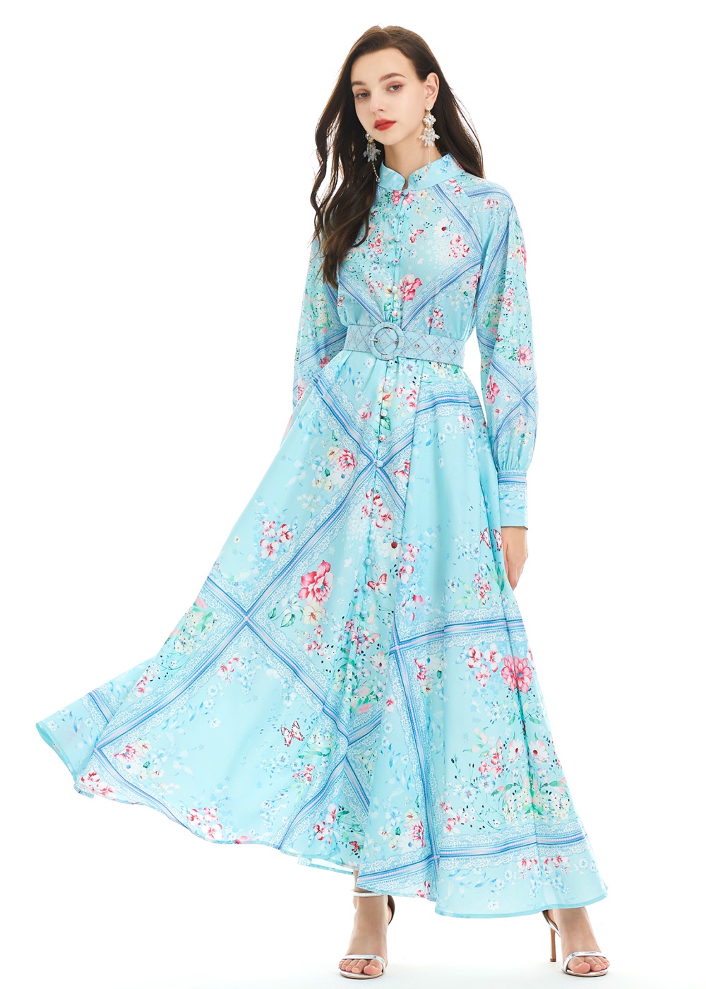 Cstand collar printing flax lantern sleeve long dress