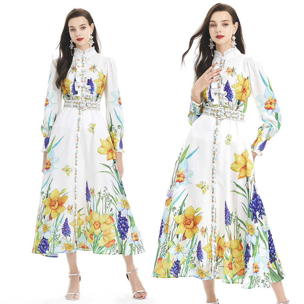 Flowers single-breasted cardigan pinched waist long dress