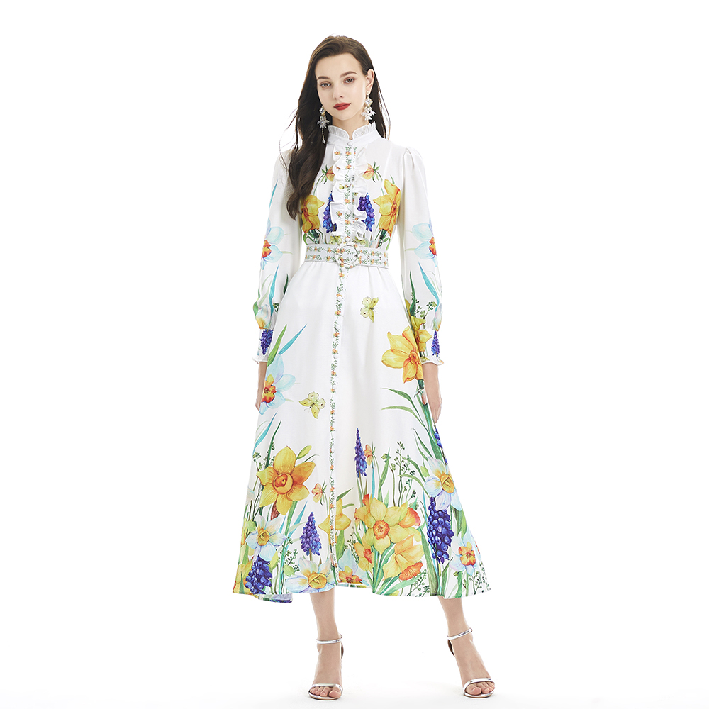 Flowers single-breasted cardigan pinched waist long dress