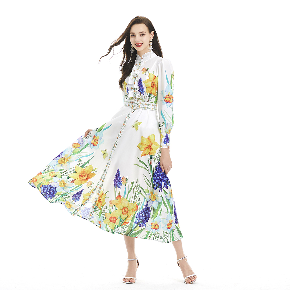 Flowers single-breasted cardigan pinched waist long dress