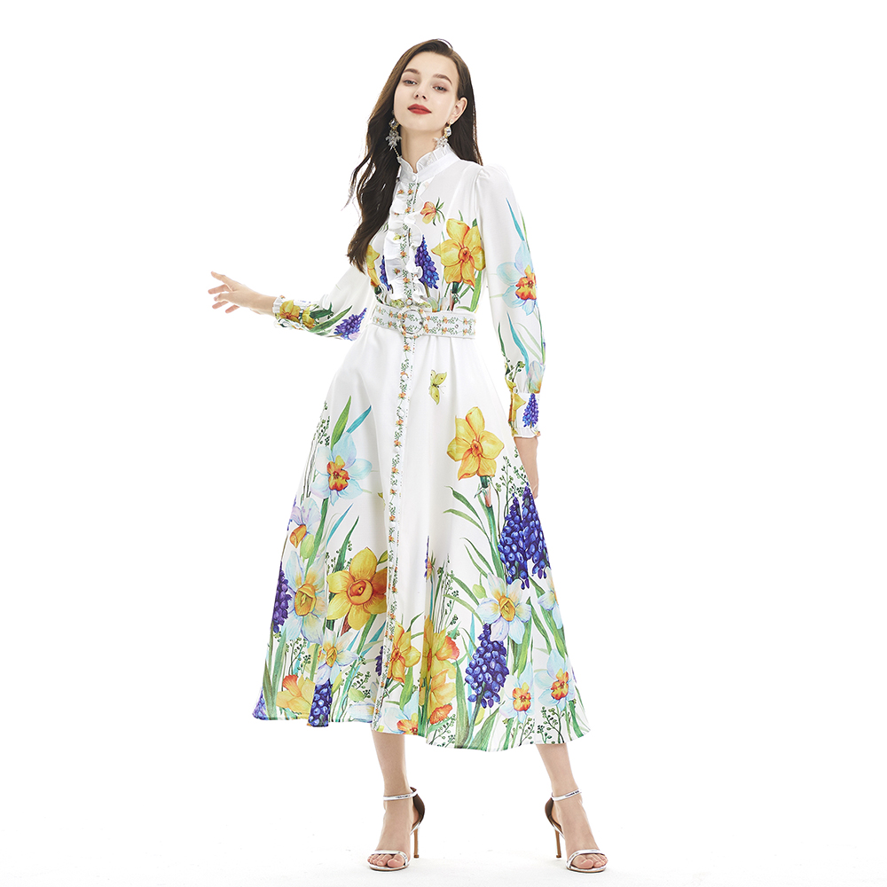 Flowers single-breasted cardigan pinched waist long dress