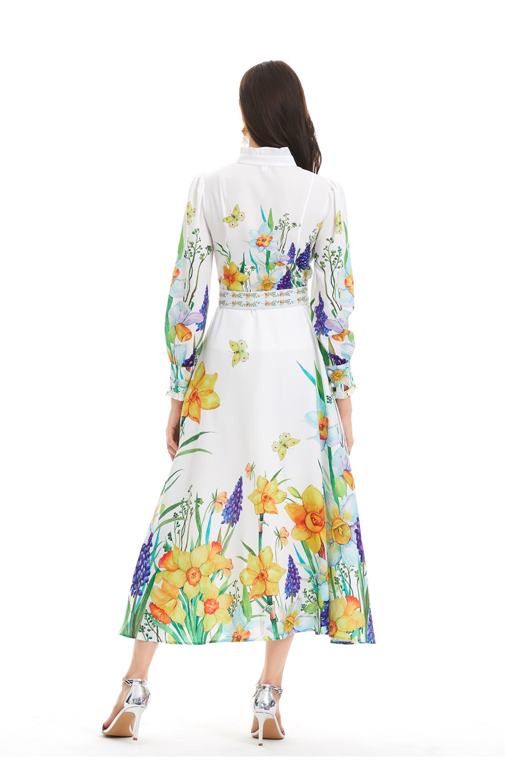 Flowers single-breasted cardigan pinched waist long dress