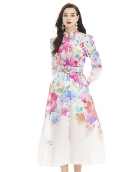 Cstand collar long sleeve court style printing dress