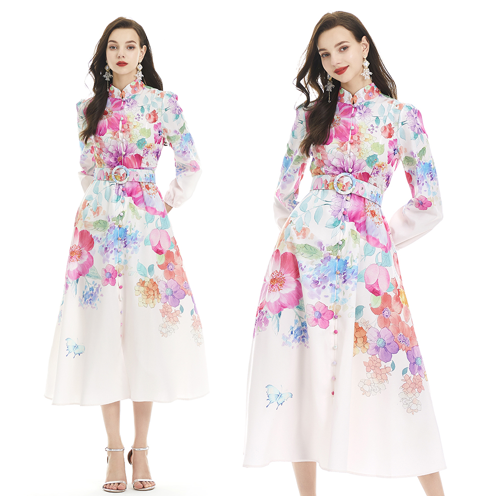 Cstand collar long sleeve court style printing dress