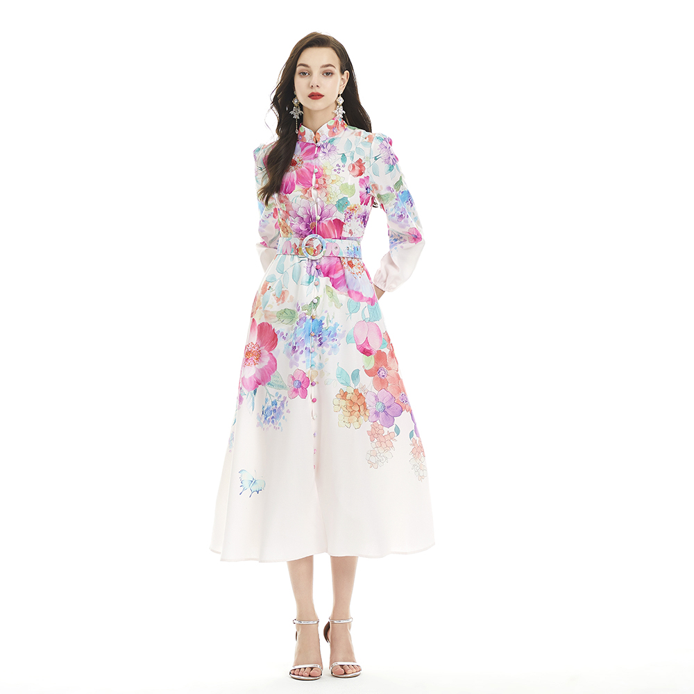 Cstand collar long sleeve court style printing dress