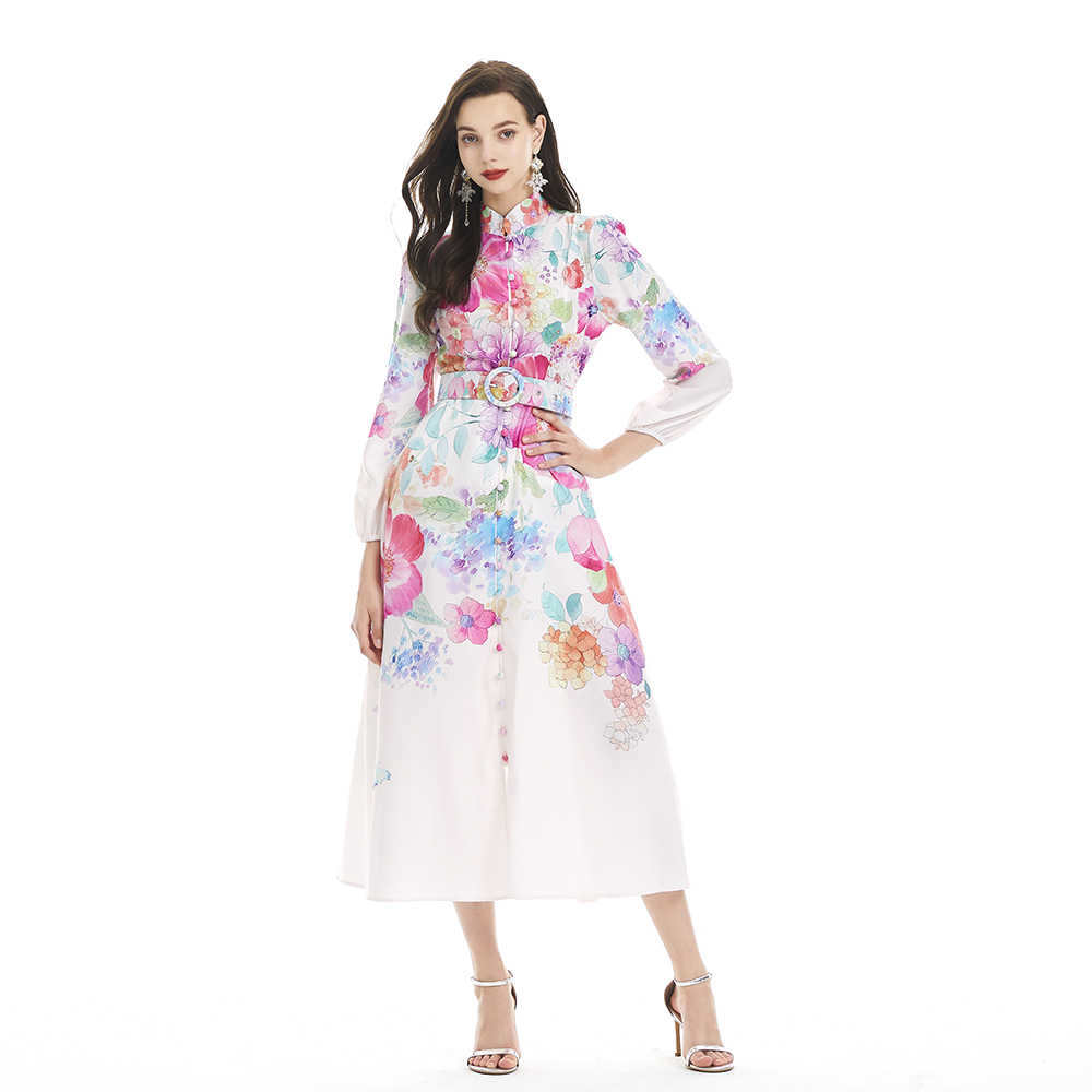 Cstand collar long sleeve court style printing dress