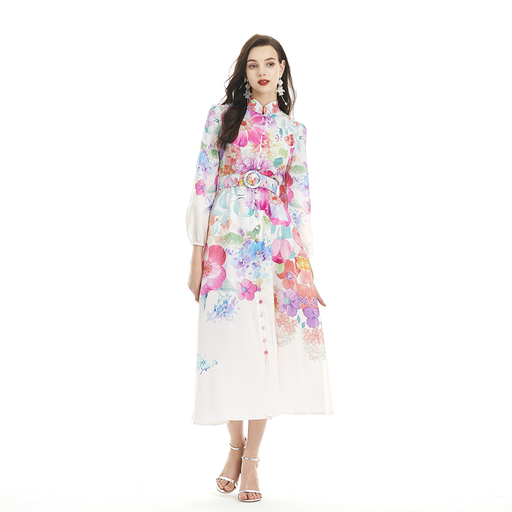 Cstand collar long sleeve court style printing dress