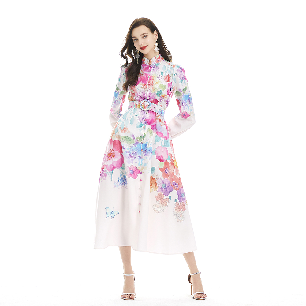 Cstand collar long sleeve court style printing dress