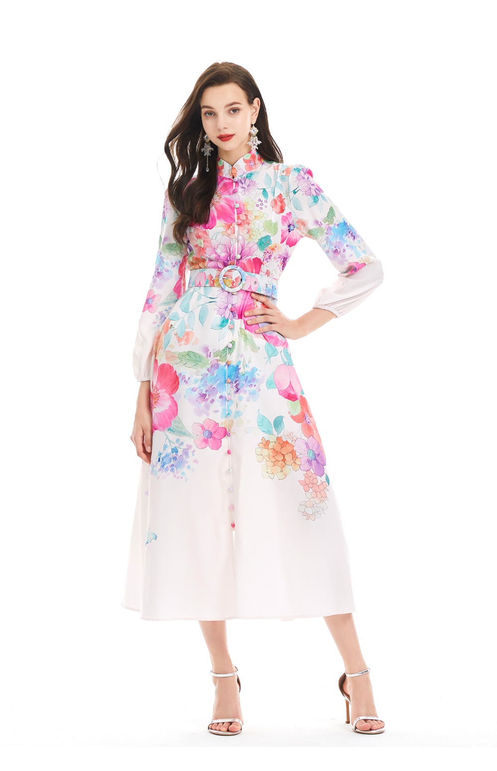 Cstand collar long sleeve court style printing dress