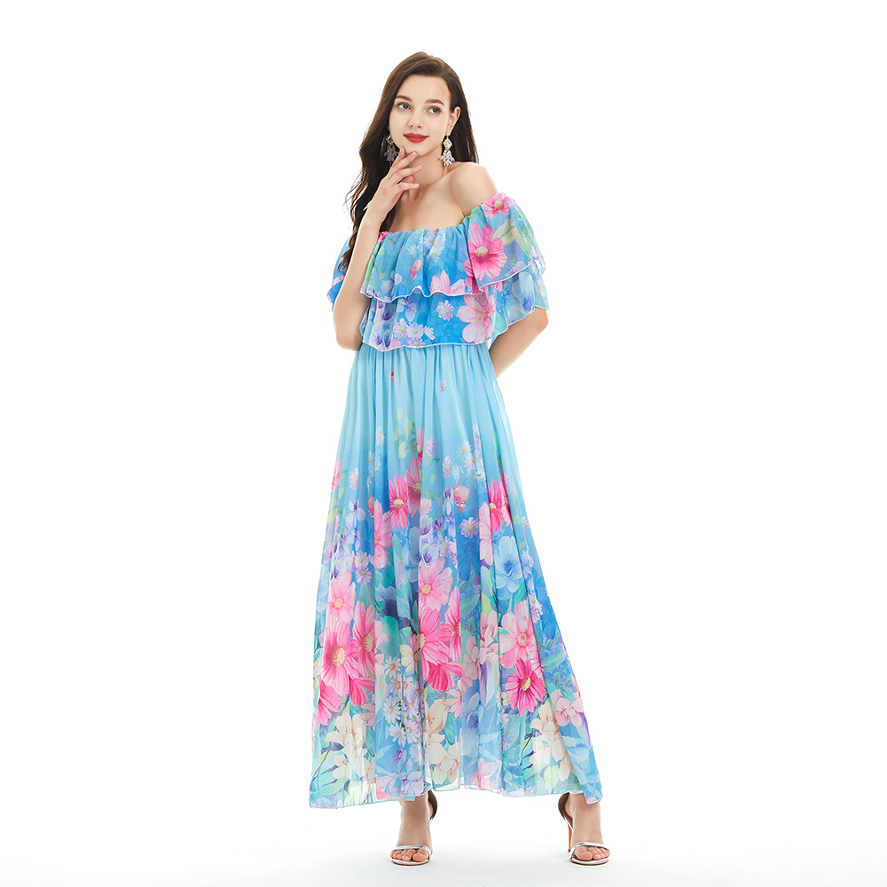 Vacation flat shoulder long dress seaside jumpsuit