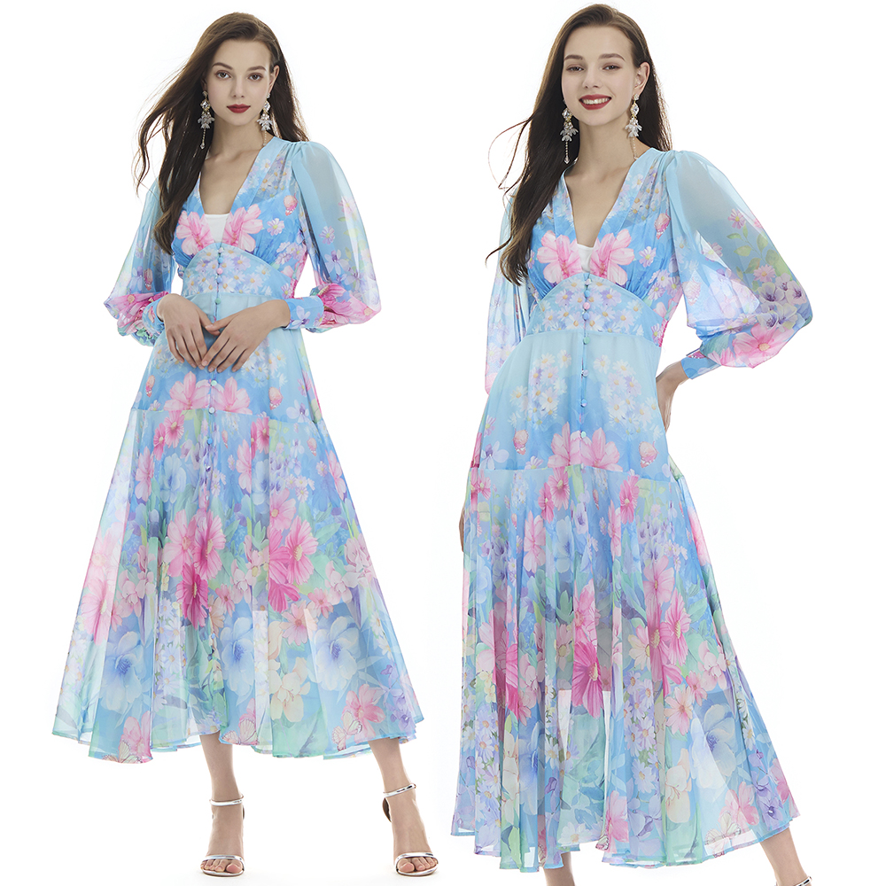 Lotus leaf edges chiffon printing dress 2pcs set