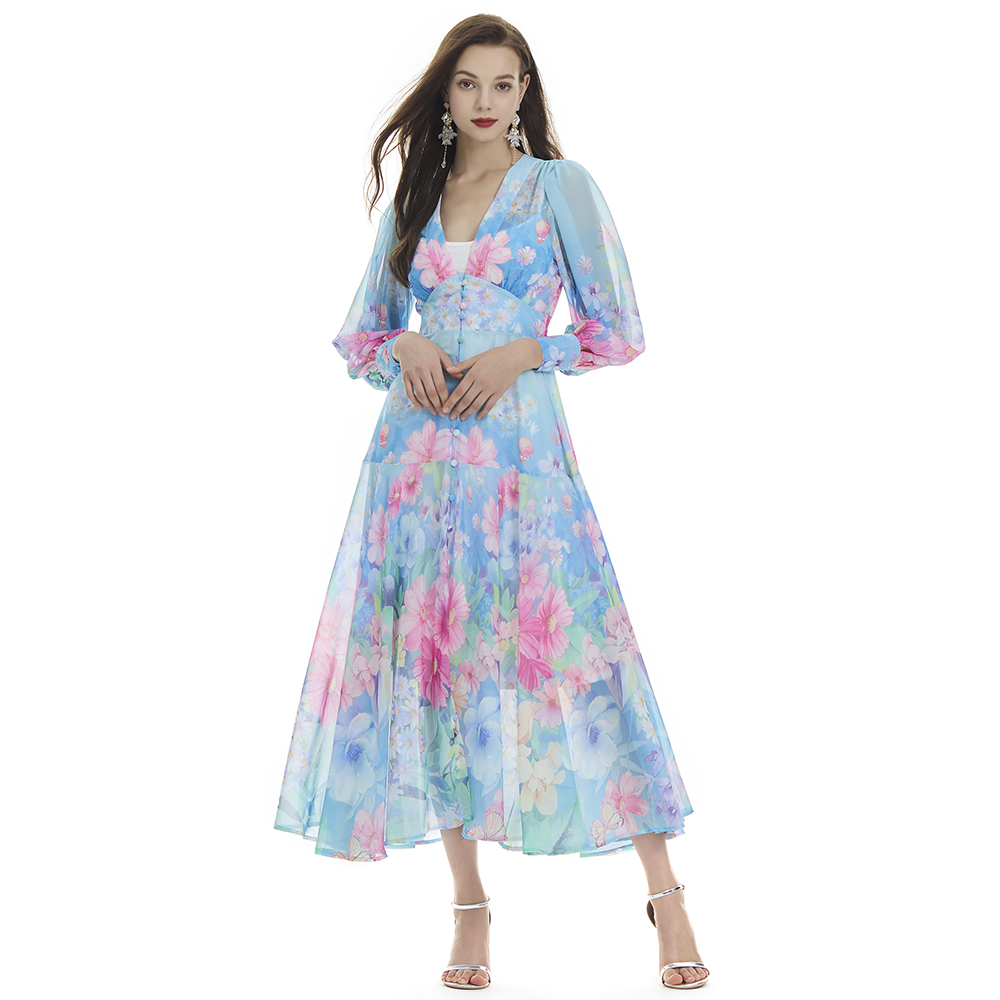 Lotus leaf edges chiffon printing dress 2pcs set