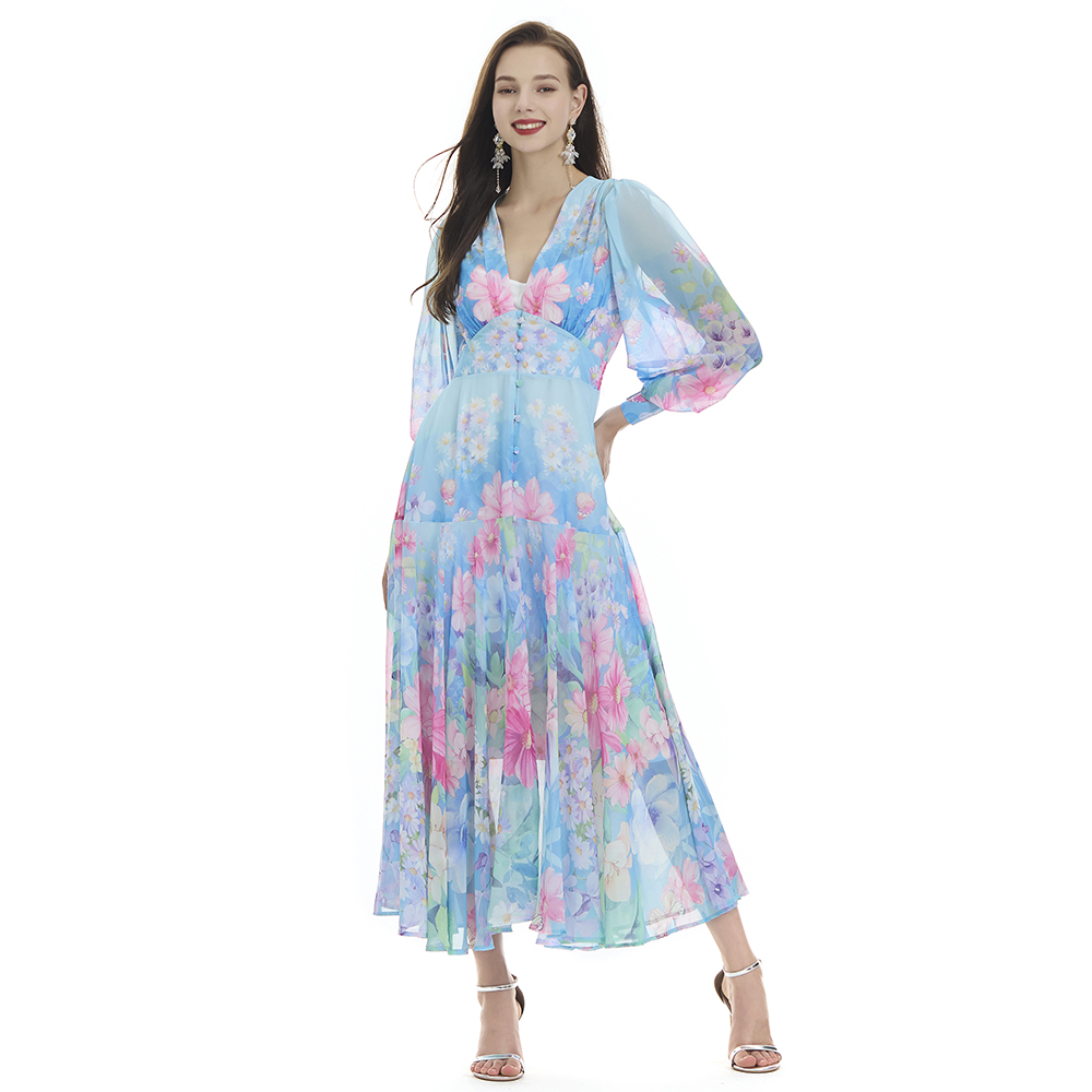 Lotus leaf edges chiffon printing dress 2pcs set