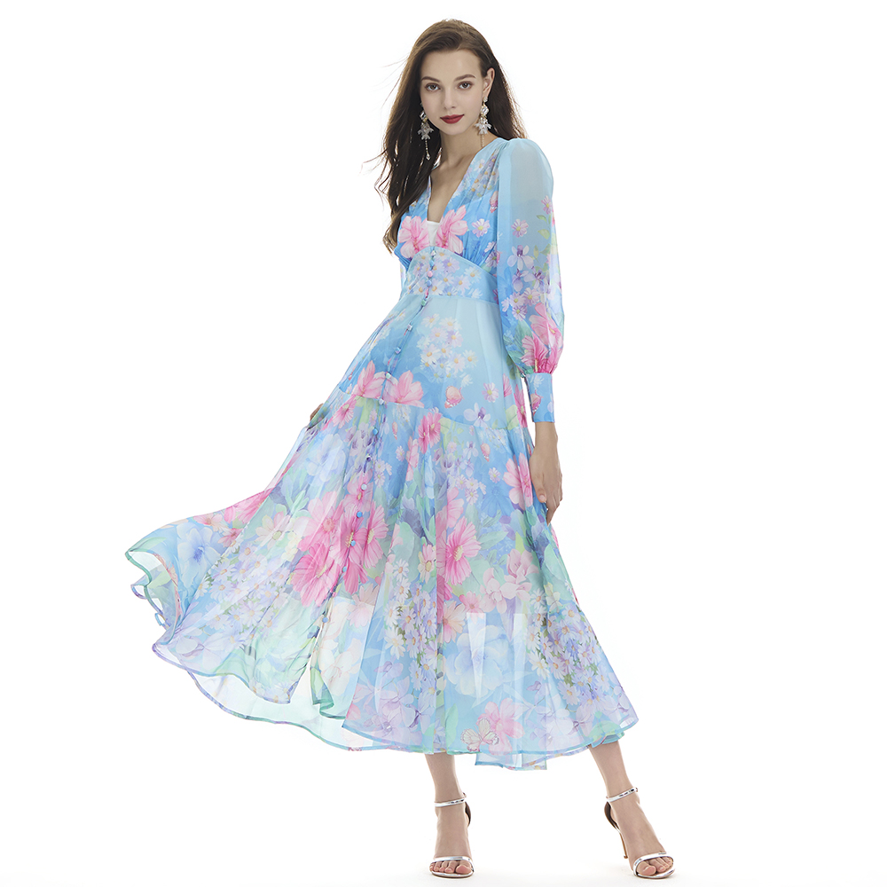 Lotus leaf edges chiffon printing dress 2pcs set