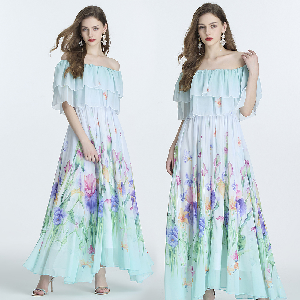 Wear seaside printing jumpsuit long sleeve pinched waist long dress