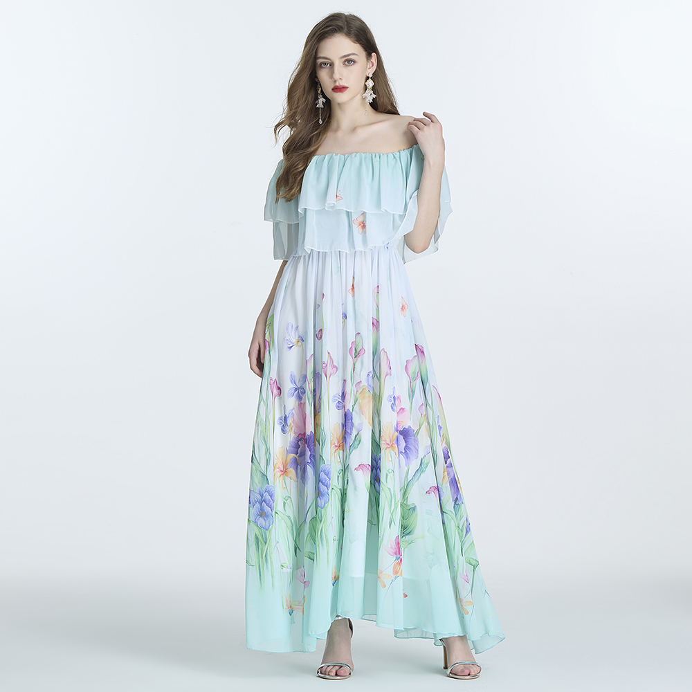 Wear seaside printing jumpsuit long sleeve pinched waist long dress