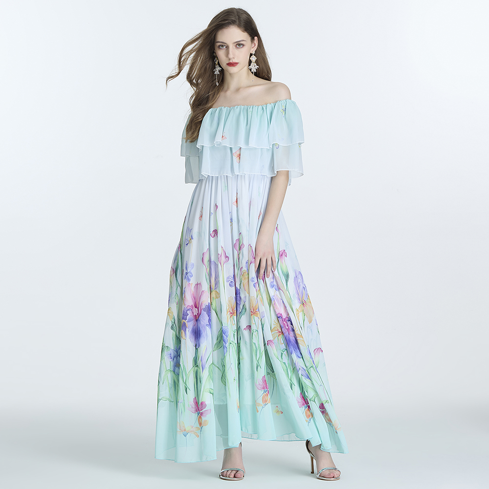 Wear seaside printing jumpsuit long sleeve pinched waist long dress