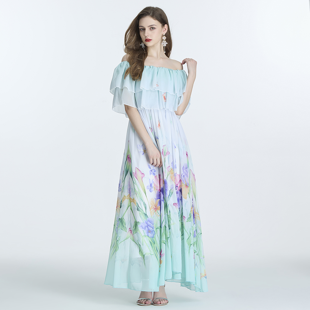 Wear seaside printing jumpsuit long sleeve pinched waist long dress