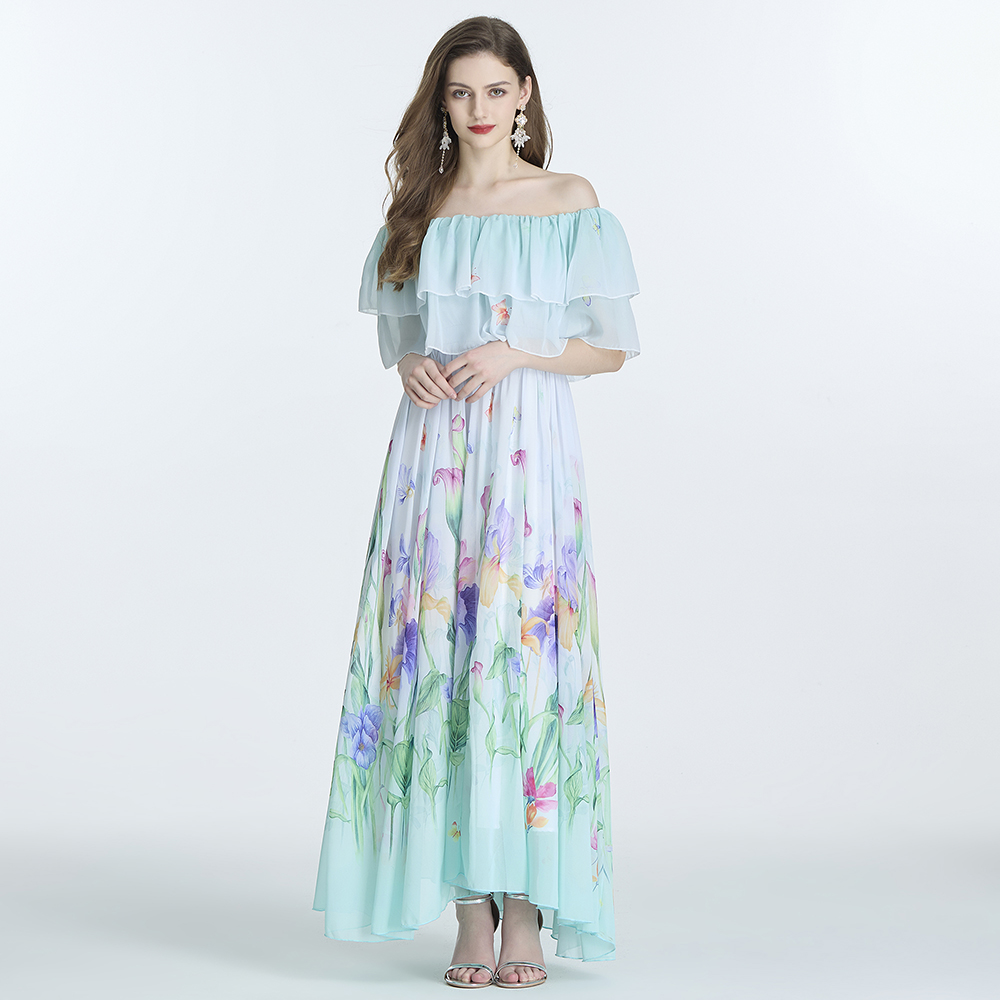 Wear seaside printing jumpsuit long sleeve pinched waist long dress