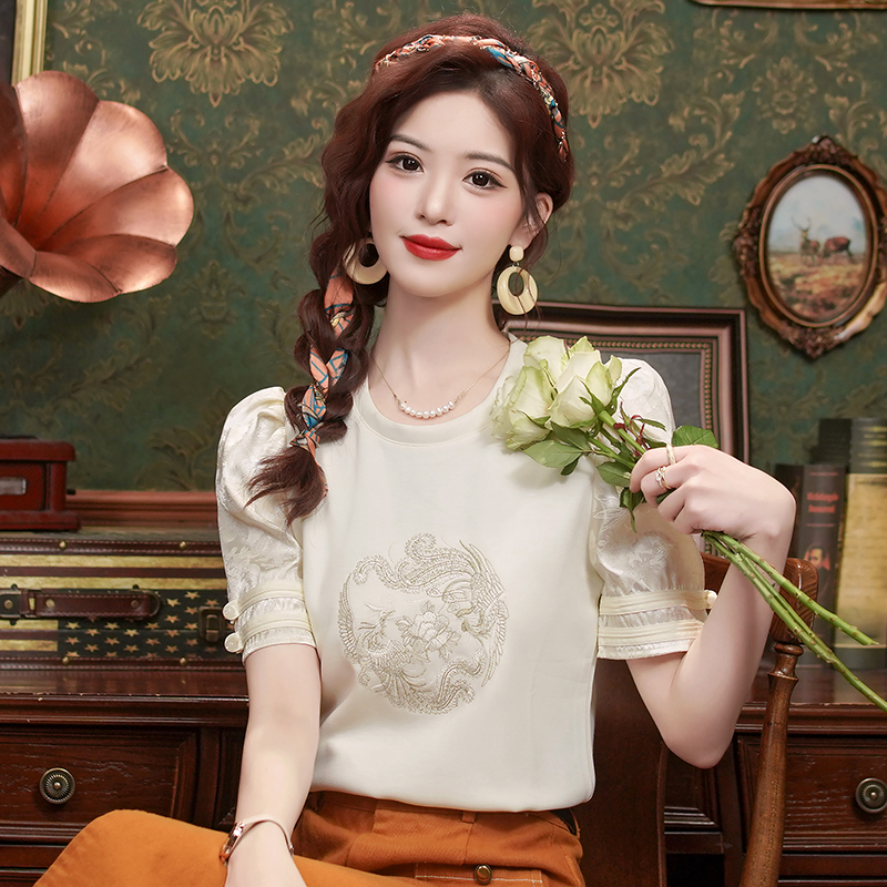 Puff sleeve round neck tops Western style T-shirt for women