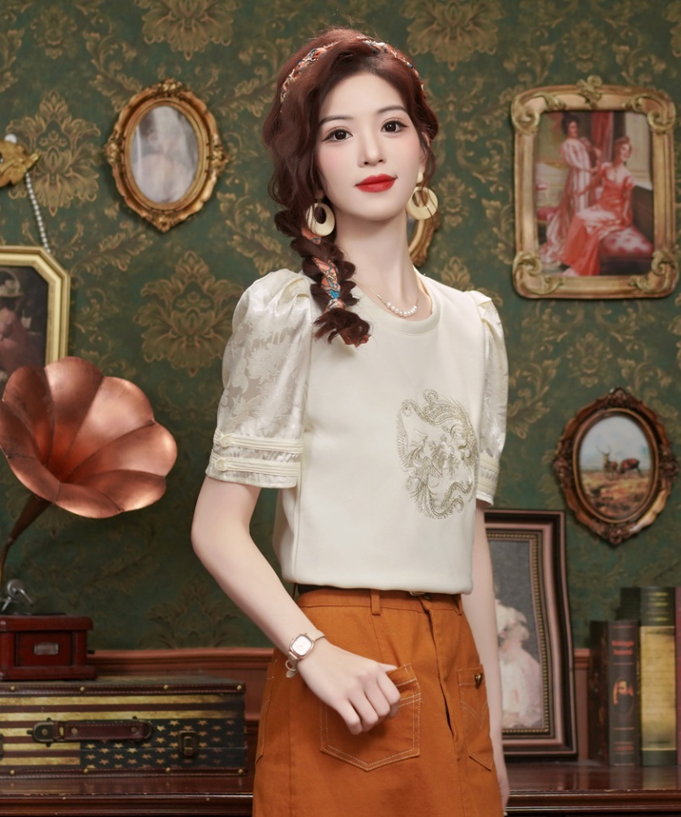 Puff sleeve round neck tops Western style T-shirt for women