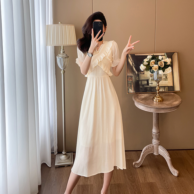 Retro bubble long dress sweet short sleeve dress