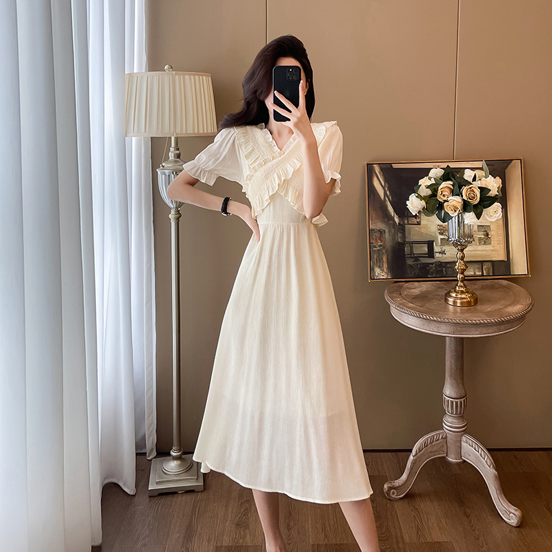 Retro bubble long dress sweet short sleeve dress