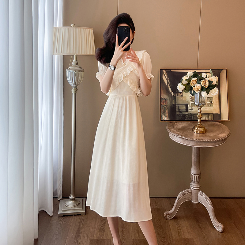 Retro bubble long dress sweet short sleeve dress