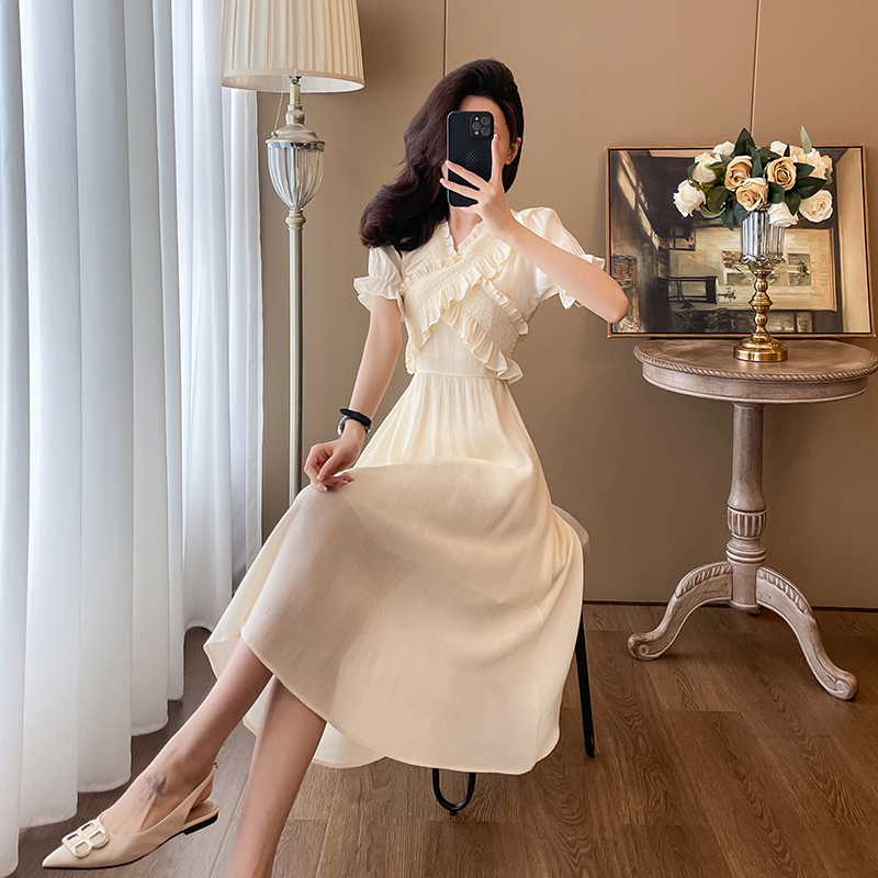 Retro bubble long dress sweet short sleeve dress