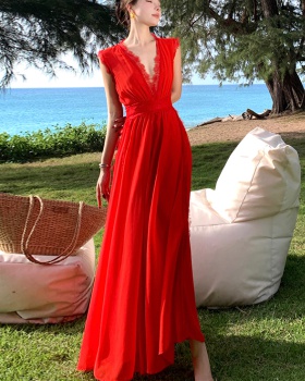 Sleeveless red lace dress big skirt splice long dress