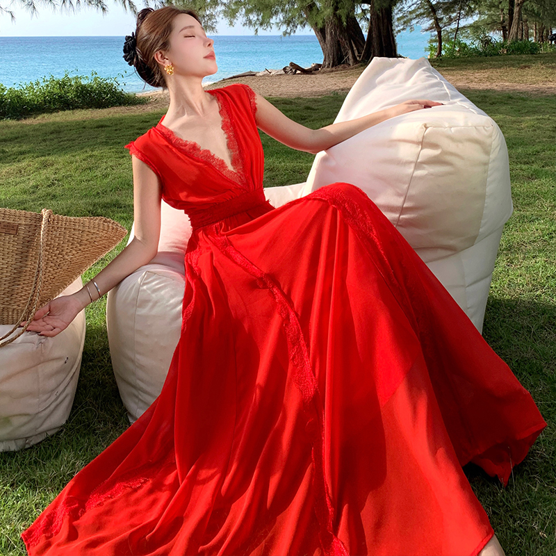 Sleeveless red lace dress big skirt splice long dress