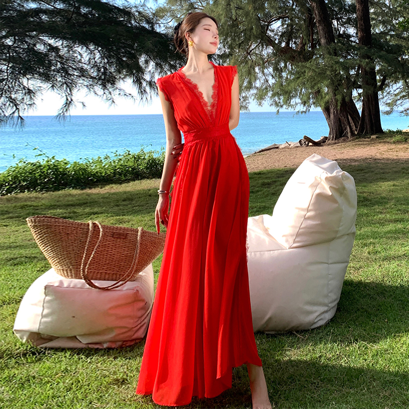 Sleeveless red lace dress big skirt splice long dress